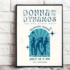 a poster for an upcoming show called donna and the dymmos, featuring silhouettes of people dancing