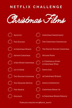 the netflix christmas films list is shown on a red background with white lettering and an image of