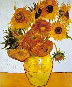 a painting of sunflowers in a vase on a table