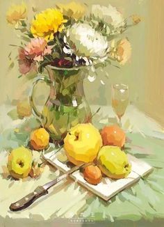 a painting of flowers in a vase and fruit on a table with utensils