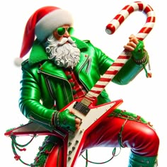 a man with a guitar and candy cane in his hand is dressed as santa claus