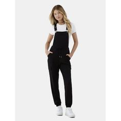 No Boundaries Twofer Overall is sure to be your new go-to for instant put-together style. So trendy yet so classic, this jumpsuit is perfect for any day of the week! Features a laidback overall cargo jumpsuit, layered over a short-sleeve crewneck tee. Wear to school or hanging out with friends, the versatility seems endless. Pair these layered overalls with your favorite pair of sneakers. Throw on your leather or jean jacket. And youre set! Only at Walmart. Size: XXS.  Color: Black.  Gender: fem Cargo Jumpsuit, Twill Shorts, Day Of The Week, No Boundaries, Dark Denim, Overall Shorts, Boundaries, Jumpsuits For Women, Jean Jacket