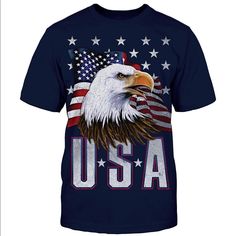 Brand New Patriotic Tshirt Perfect For 4th Of July! 100% Cotton Memorial Day Blue T-shirt With American Flag Print, Blue Graphic Tee For Independence Day, Independence Day Graphic Tee With Graphic Print, Patriotic Blue T-shirt With American Flag, Blue Patriotic T-shirt With American Flag Print, Blue American Flag T-shirt, Independence Day Streetwear T-shirt Crew Neck, Graphic Tee For Streetwear On 4th Of July, Blue American Flag T-shirt For Independence Day