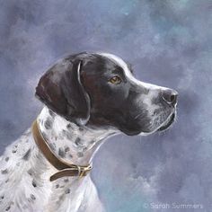 a painting of a black and white dog with brown collar looking to the side on a blue background