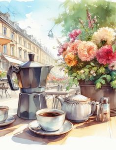 a painting of coffee and flowers on a table in front of a cafe with tables