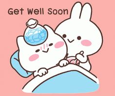 two cartoon characters hugging each other with the caption get well soon on pink background