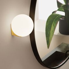 a round mirror hanging on the side of a wall next to a potted plant