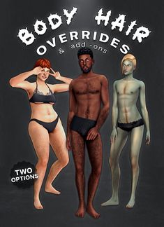 two people standing next to each other with the words body hair overripes on them