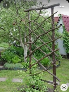 a wooden trellis in the middle of a yard