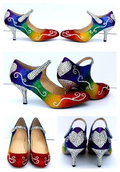 One of a kind heels that you can wear on your wedding day or a special occasion. These are lovely and colorful as the rainbow! There is also a beautiful Swarovski Crystal Heart on the back of the heel and the heels stems are covered in clear crystals. These can be made for a bridal or bridal party and flower girls. But if you just love rainbows you can get them just for fun and wear them anywhere and every where! . ** Please note: These shoes are very time consuming to make and are in high deman Beauty And The Beast Wedding, Bridal Pumps, Irregular Choice Shoes, Rainbow Shoes, Swarovski Crystal Hearts, Rainbow Glitter, 3 Inch Heels, Mary Jane Heels, Wedding Heels