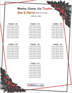 the wedding seating list is shown in red and black with flowers on it, as well as