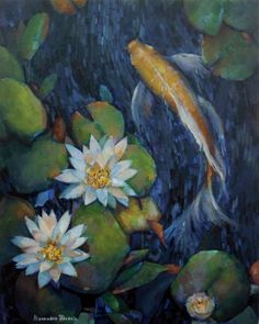 a painting of a koi fish and water lilies