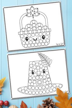 two printable coloring pages with autumn leaves and acorns on the side, one is