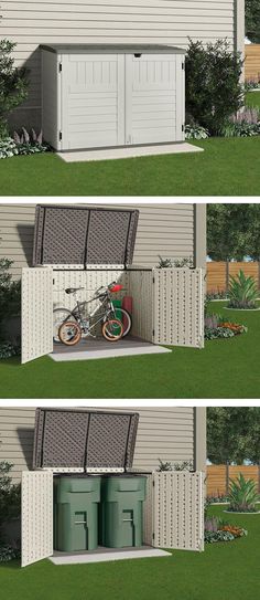 three different views of a garage with two storage bins and one bike in the back