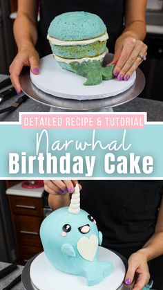 a woman is decorating a birthday cake with blue icing and green frosting