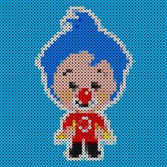 a cross stitch pattern of a teddy bear wearing a red shirt and black pants with blue hair