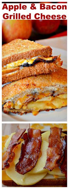 grilled cheese and bacon sandwich on a plate with the words, apple & bacon grilled cheese