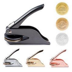 four different types of stapler with gold and silver seal