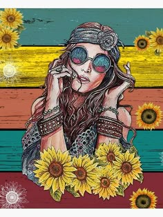 a painting of a woman with sunflowers in front of her and the background is multicolored