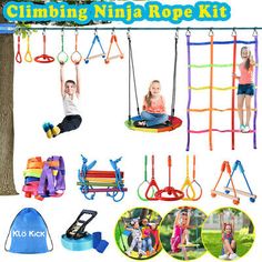 children's swing set with climbing rope and gym bag, includes 2 sets of swings