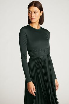 Doreen Dress In Gloss Jersey – Halston Line Silhouette, Dark Khaki, Tea Length, Cinched Waist, Pleated Skirt, A Line, Crew Neck, Tea, Skirt