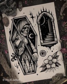 a drawing of a skeleton holding a knife and looking at a window with flowers in the background