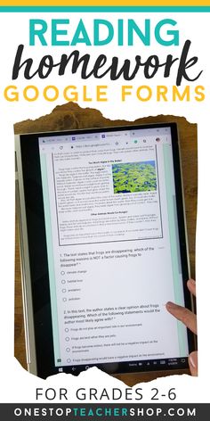 a person holding up a tablet computer with the words reading homework google forms on it