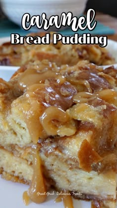 caramel bread pudding on a white plate