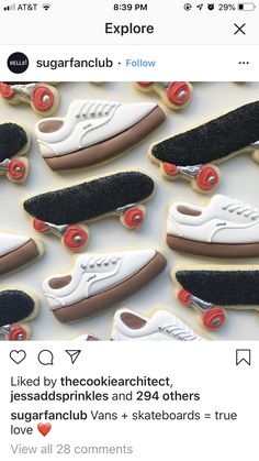 cookies decorated with white and red shoes on top of each other, are being displayed in front of an instagram