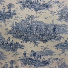 a blue and white toiler print fabric with people in the woods on it