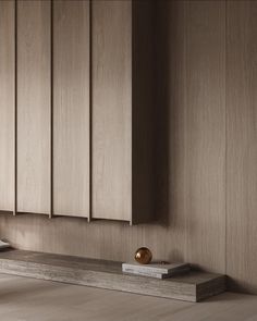 an empty room with wooden cabinets and two books on the shelf next to each other