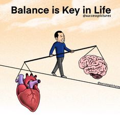 a man walking across a tightrope with a heart and brain on the other side