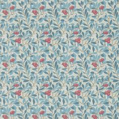 a blue and red wallpaper with leaves and berries on the bottom half of it