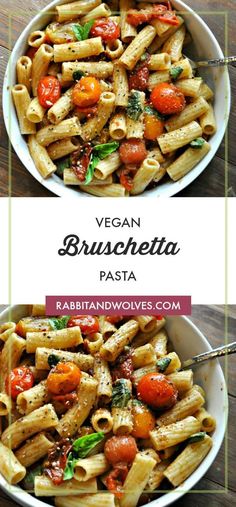 two plates filled with pasta and vegetables on top of a wooden table next to each other