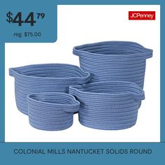 three blue round baskets with the coup for $ 4 99