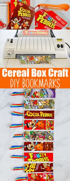 the cereal box craft diy bookmarks are on display