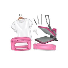 a pink sewing machine, t - shirt, scissors and other items on a white background