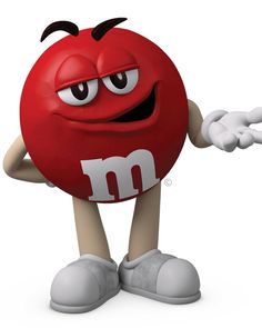 a red ball with the letter m on it's face, arms and legs