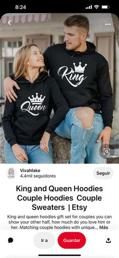 Matching Hoodies For Couples, Couples Sweaters, Couples Hoodies, Matching Couples, King Queen, Graphic Sweatshirt, Sweatshirts