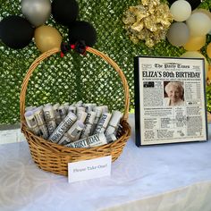 a basket filled with chocolates next to a newspaper and some balloons in the background