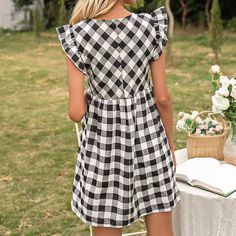 Summer Women Clothing Plaid Flying Sleeves V Neck Tight Waist Dress Women - Multi,XL Short Sleeve Summer Dresses, Butterfly Sleeve, Butterfly Sleeves, Daily Dress, Sweet Dress, Plaid Dress, Waist Dress, Womens Plaid, V Neck Dress