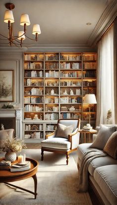 a living room filled with furniture and bookshelves