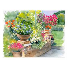 a watercolor painting of flowers in pots on a stone wall by a garden path