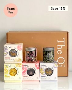 three different types of teas in front of a cardboard box with the words team fav and save 15 % off