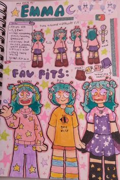 an open notebook with drawings of girls in different outfits and stars on the pages,