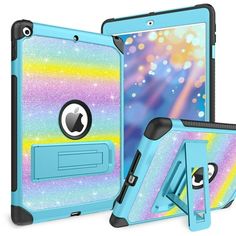 an ipad case with a blue stand and rainbow sparkles on the back, next to it