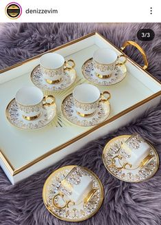 four tea cups and saucers with gold trimmings in a tray on a fur rug