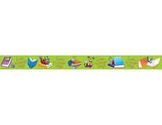 a green wallpaper border with books and animals on it's edges, in the shape of a bookmark