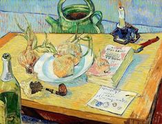 a painting of some food on a table next to a wine bottle and candle holder