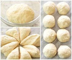 the process of making bread rolls is shown in three different stages, including dough being rolled and uncooked